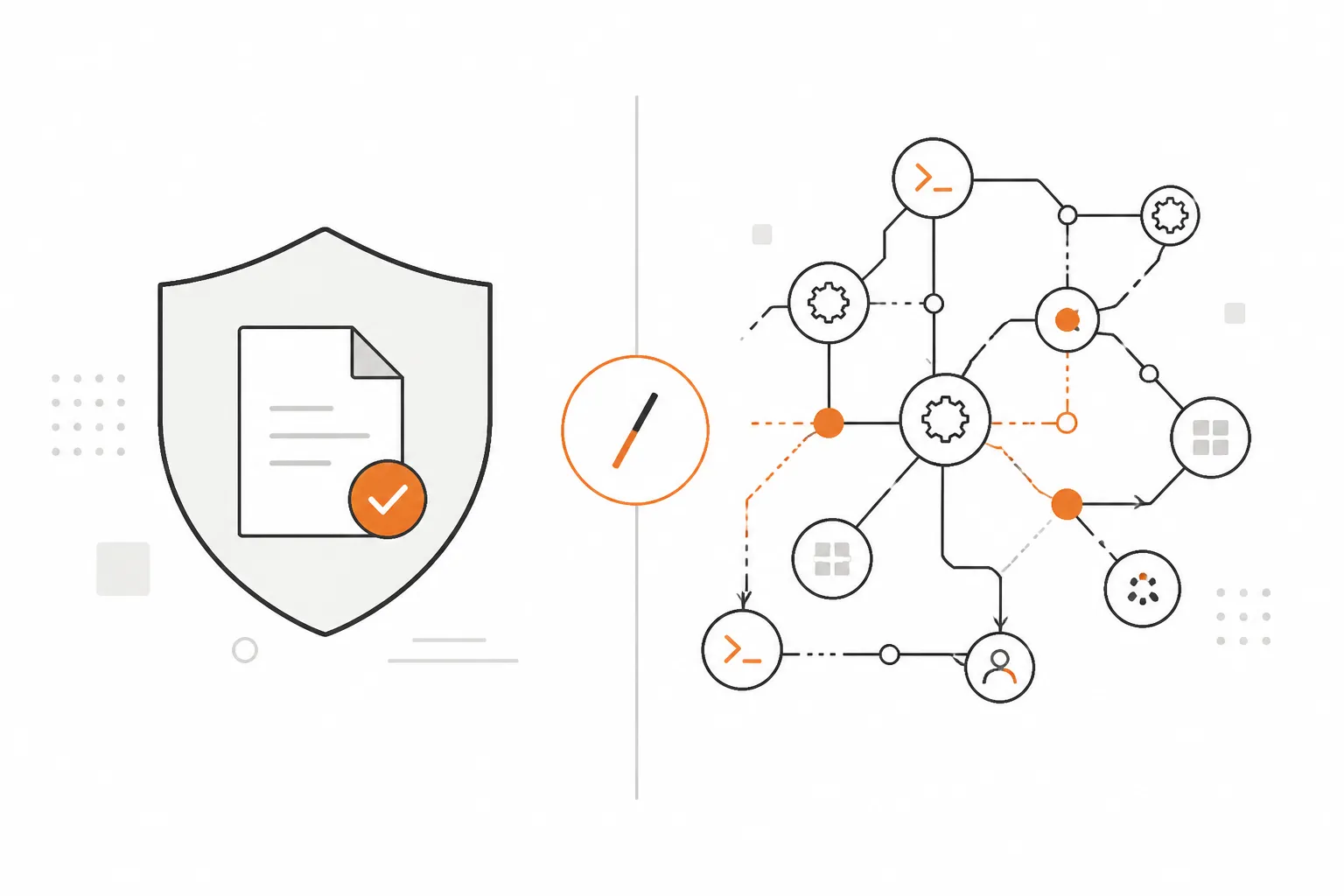 Split illustration showing antivirus file scanning on the left and EDR behavioral process monitoring on the right