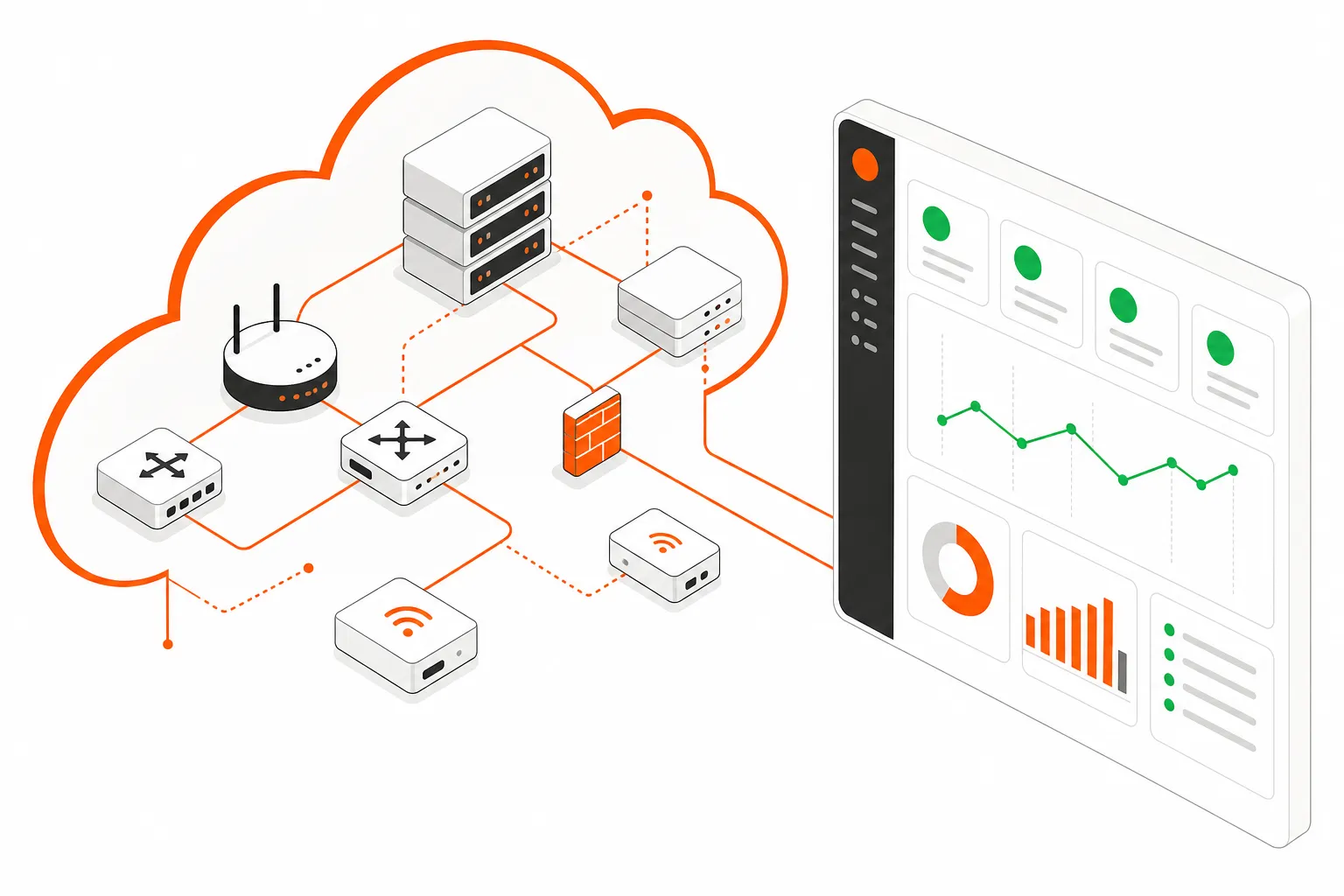 Cloud-based network monitoring tools for MSPs - illustrated network nodes flowing through a cloud into a unified monitoring dashboard