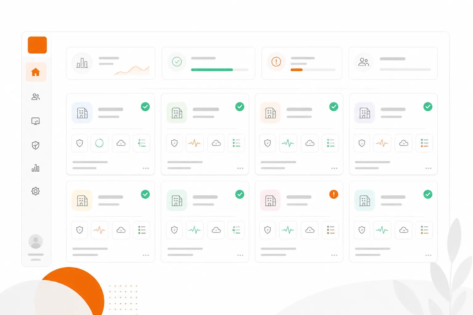 MSP dashboard showing client account tiles with status indicators and orange accent highlights