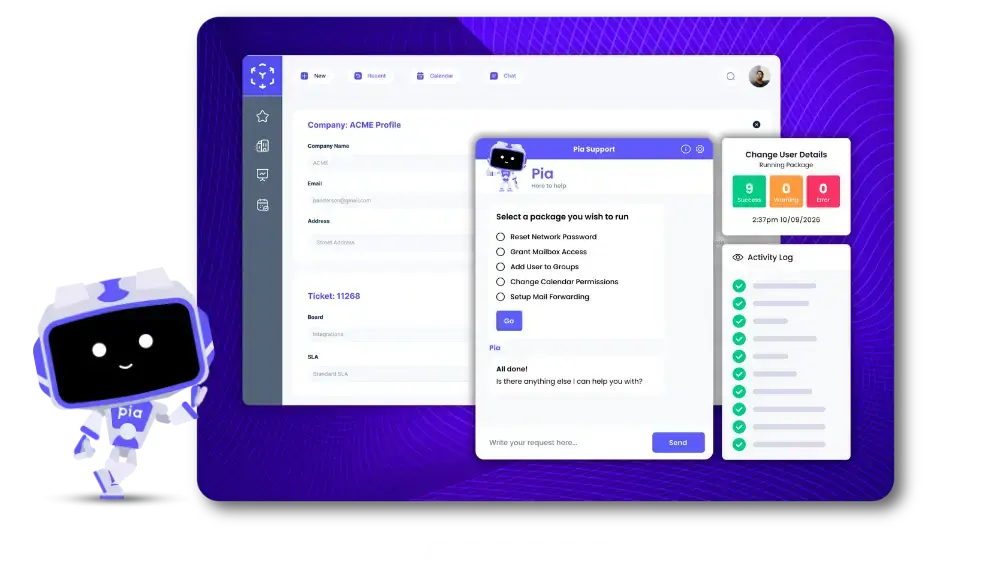 Pia AI platform tour - ticket lifecycle automation, as taken from pia.ai