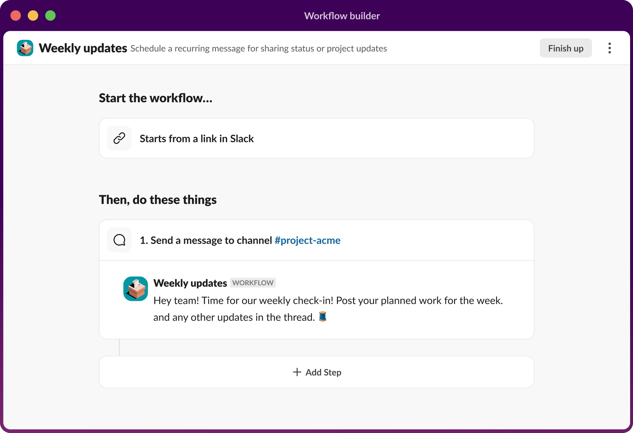 A Slack Workflow Builder interface showing the steps of an automated support request workflow, as taken from Slack