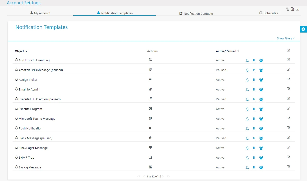 PRTG Notification Templates UI showing 12 active alert channels including email, SMS, Slack, Teams, and custom HTTP actions, as taken from Paessler