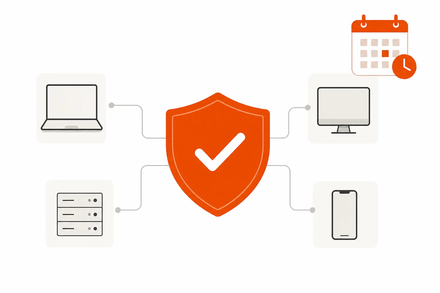 Shield icon with checkmark connected to endpoint devices representing MSP patch management policy