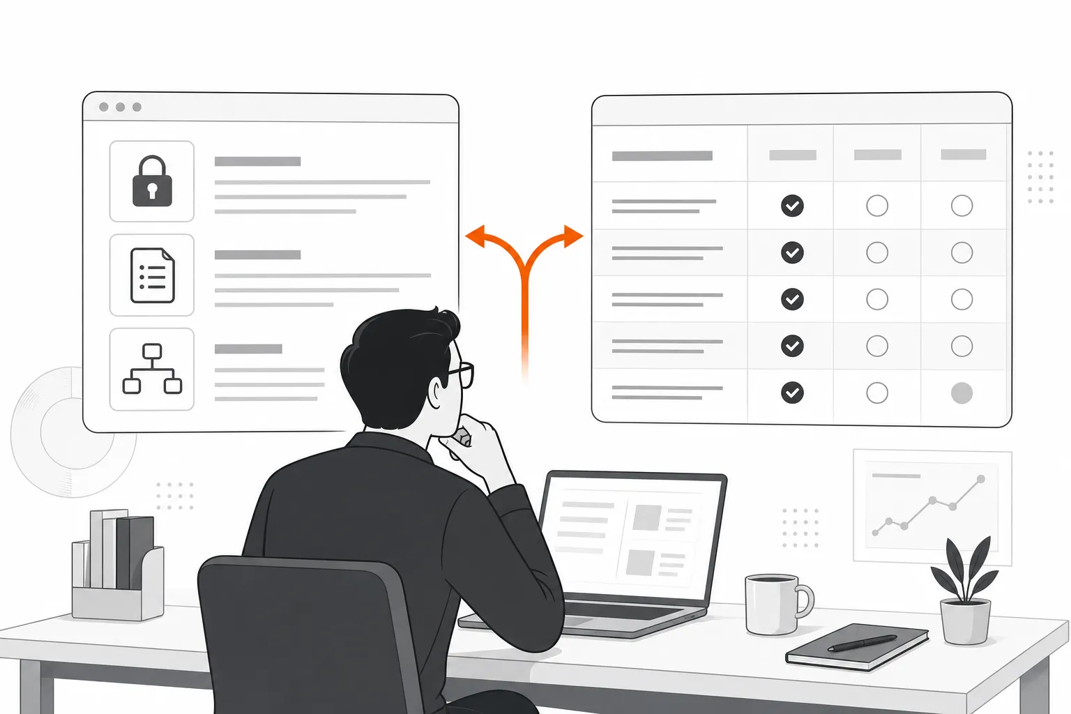 IT Glue alternatives comparison - document panels and selection interface on white background