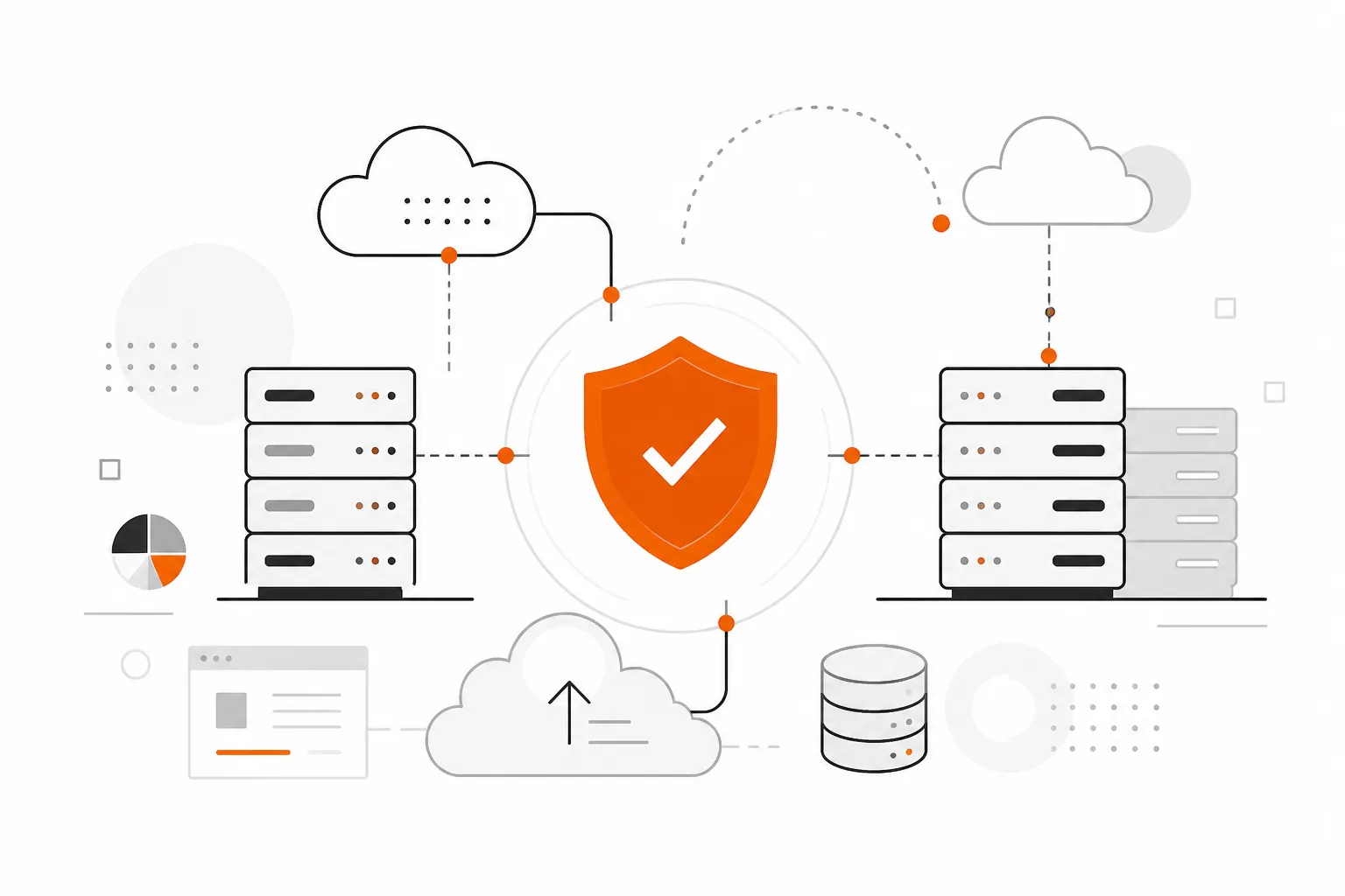 Diagram of server racks and cloud shapes connected by geometric lines with an orange shield icon, representing data backup and disaster recovery for MSPs
