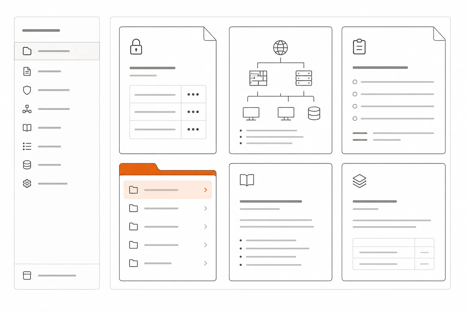 Flat illustration of organized IT documentation panels and structured records