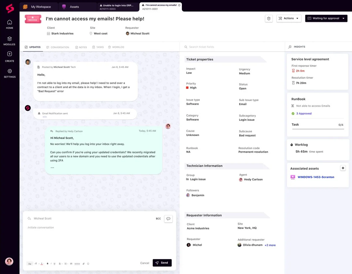 SuperOps ticket management view showing native helpdesk integration, as taken from SuperOps