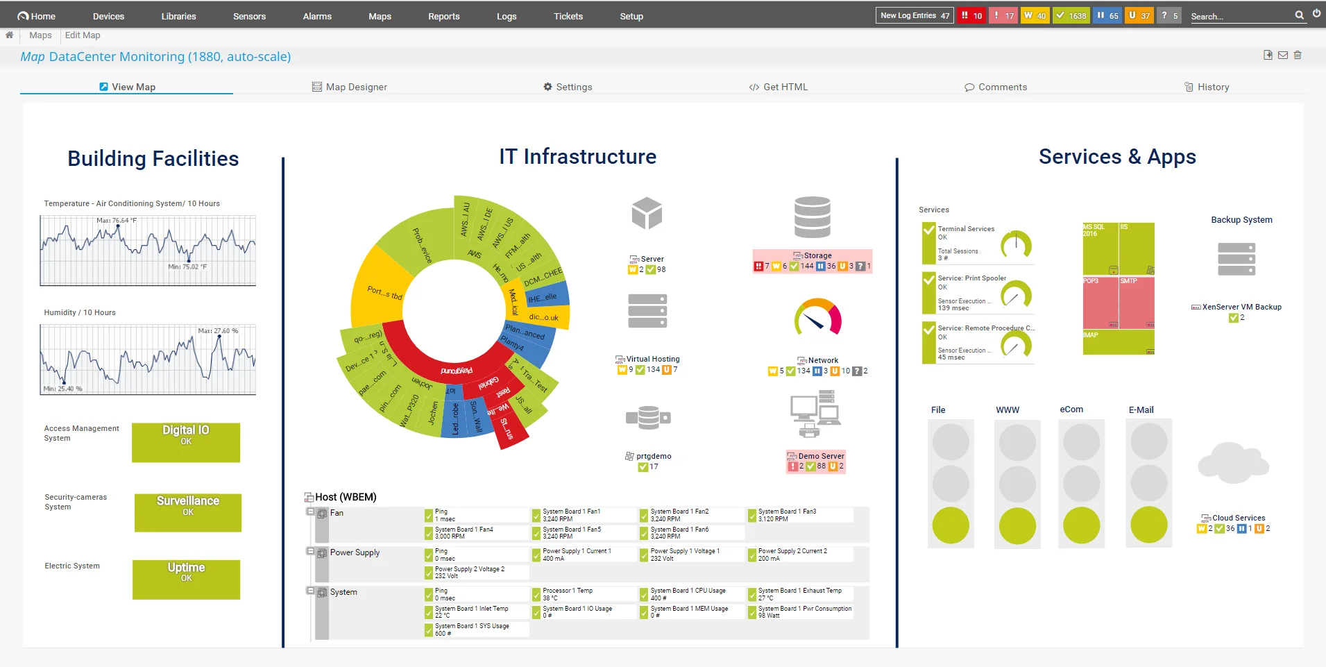 PRTG DataCenter Monitoring map view showing the full web interface with Building Facilities, IT Infrastructure, and Services panels, as taken from Paessler