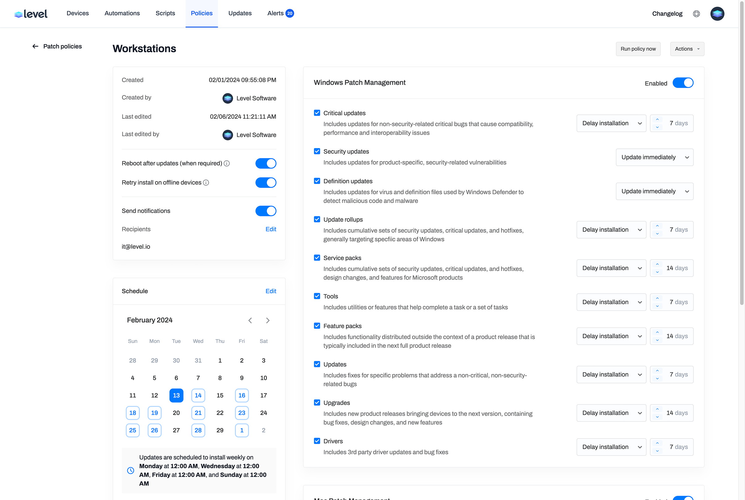 Level's patch management policy configuration interface, detailing options for Windows updates, installation delays, and scheduling for workstations.