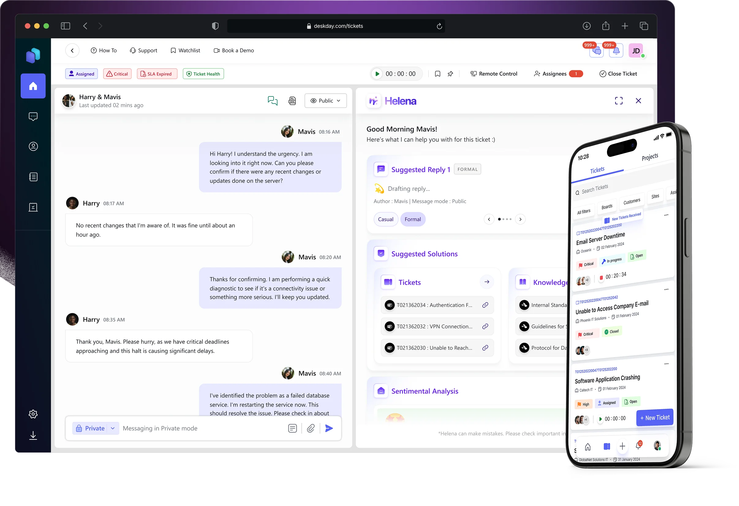 DeskDay chat-based service desk with active ticket conversation
