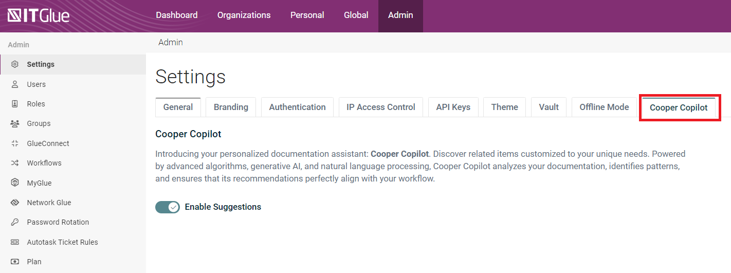IT Glue's Cooper Copilot settings, showing the 'Enable Suggestions' toggle for discovering related items and recommendations.