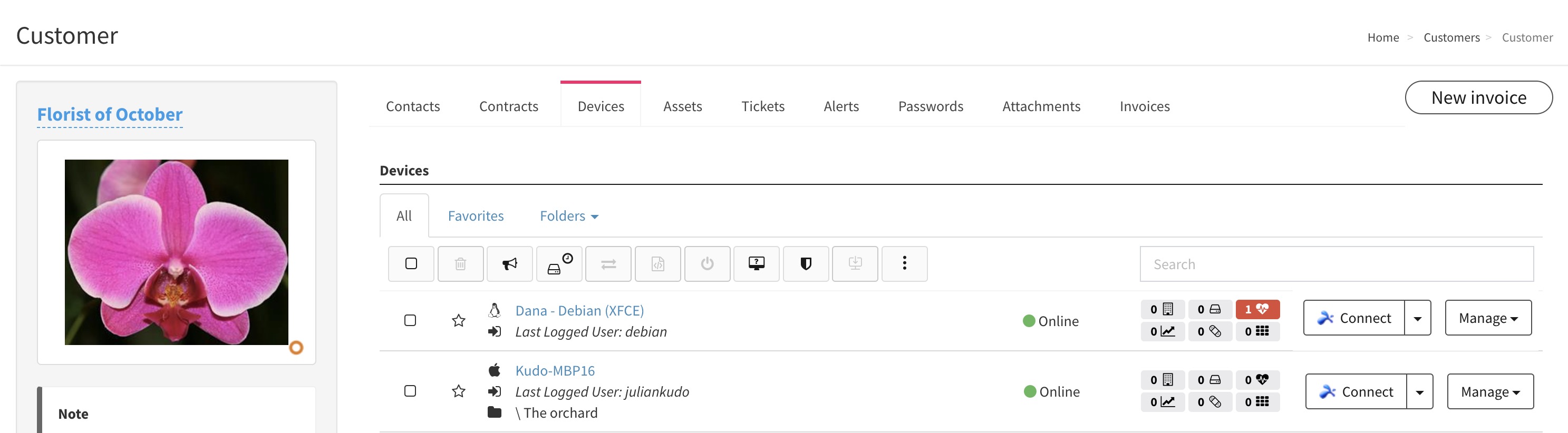 Atera device management interface showing customer devices with online status and monitoring alerts
