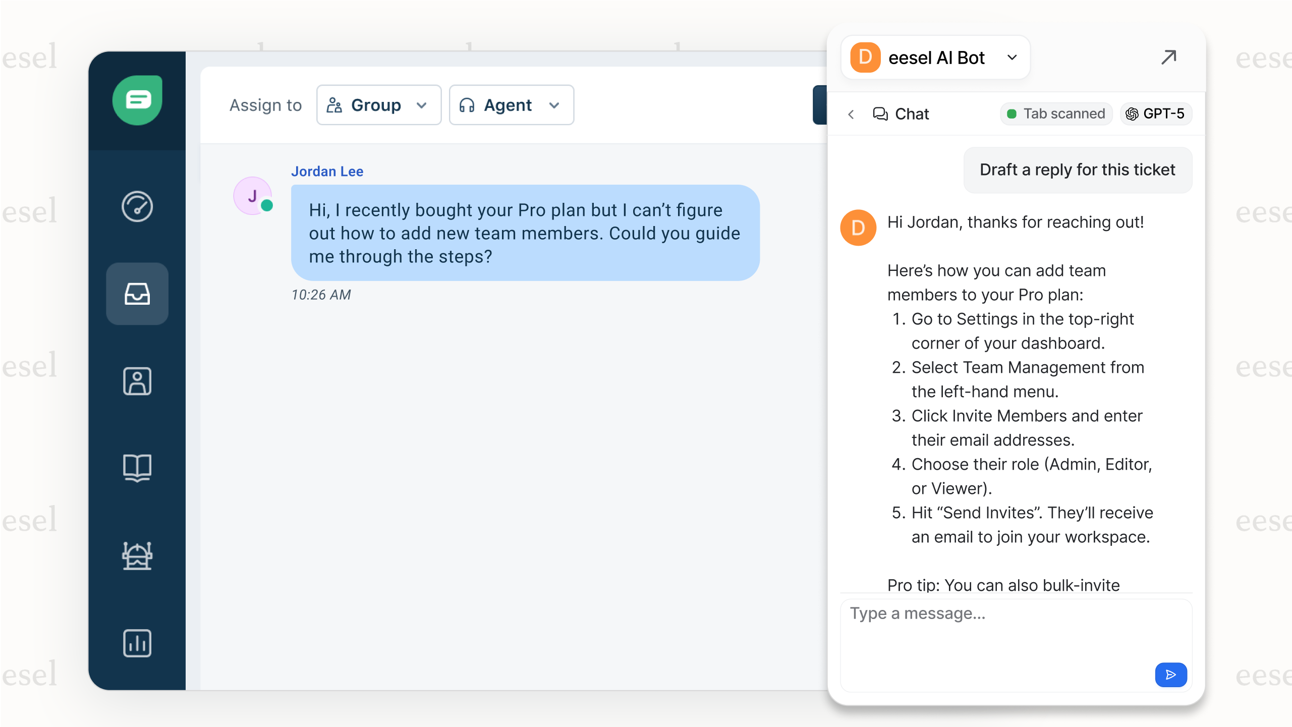 A screenshot of the eesel AI Copilot assisting a support agent.