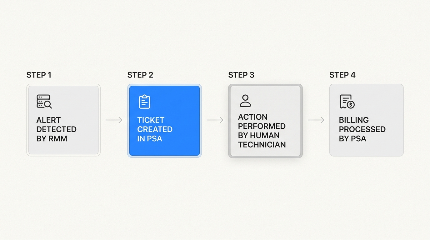 This workflow diagram highlights the human bottleneck in task execution, even with integrated RMM and PSA systems.