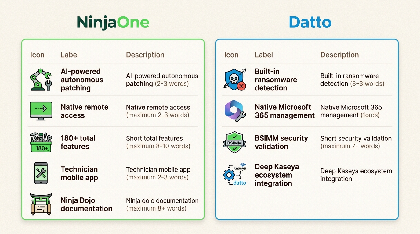 This comparison highlights how NinjaOne focuses on automation and ease of use while Datto RMM prioritizes security and ecosystem depth.