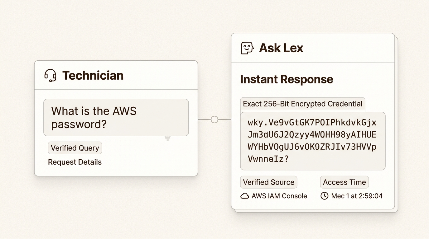 Ask Lex demonstrates how technicians can instantly retrieve specific, secure information like passwords, eliminating manual searches and improving efficiency.