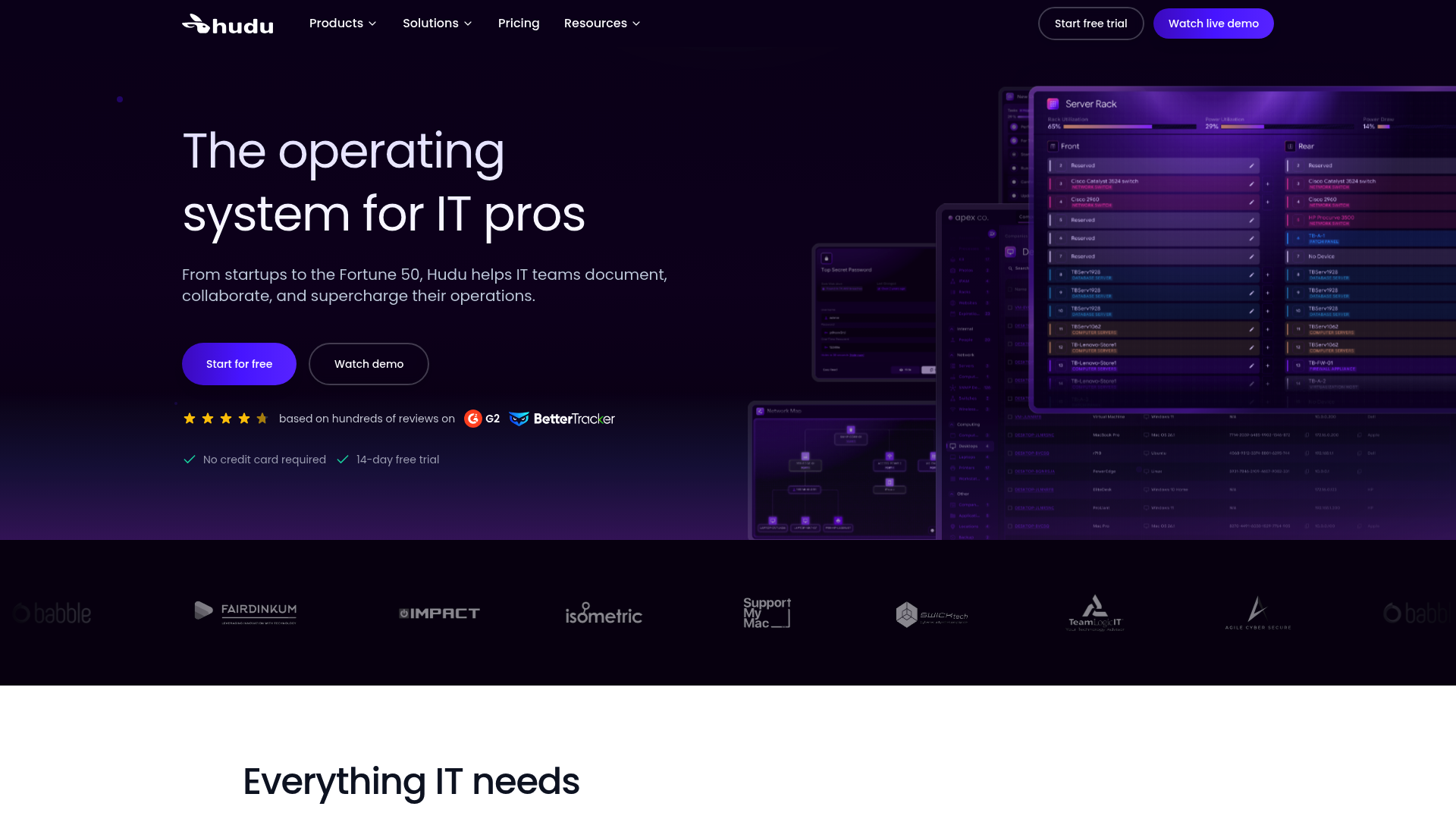 Hudu landing page with product features and pricing information