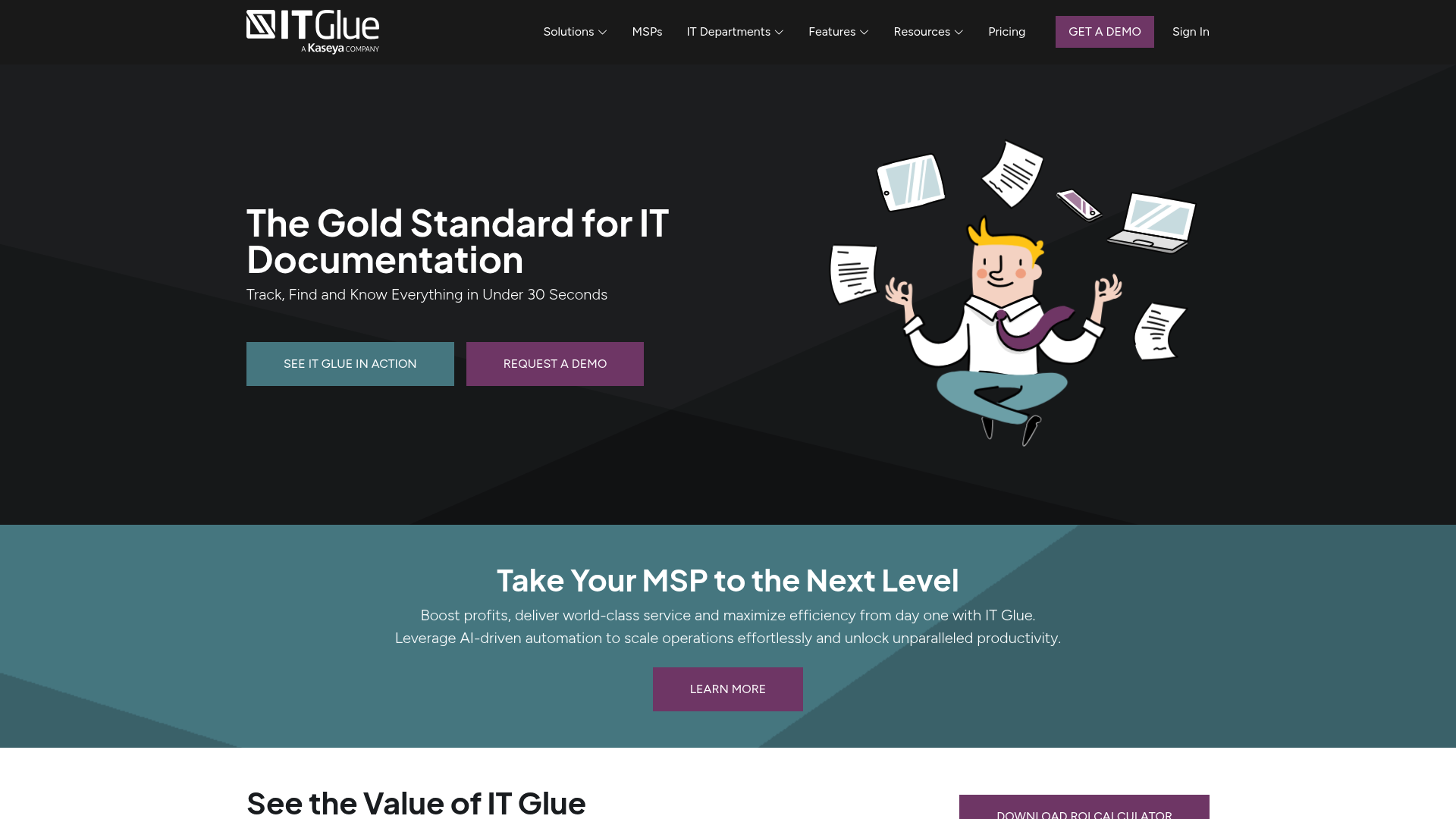 IT Glue landing page with product overview and navigation