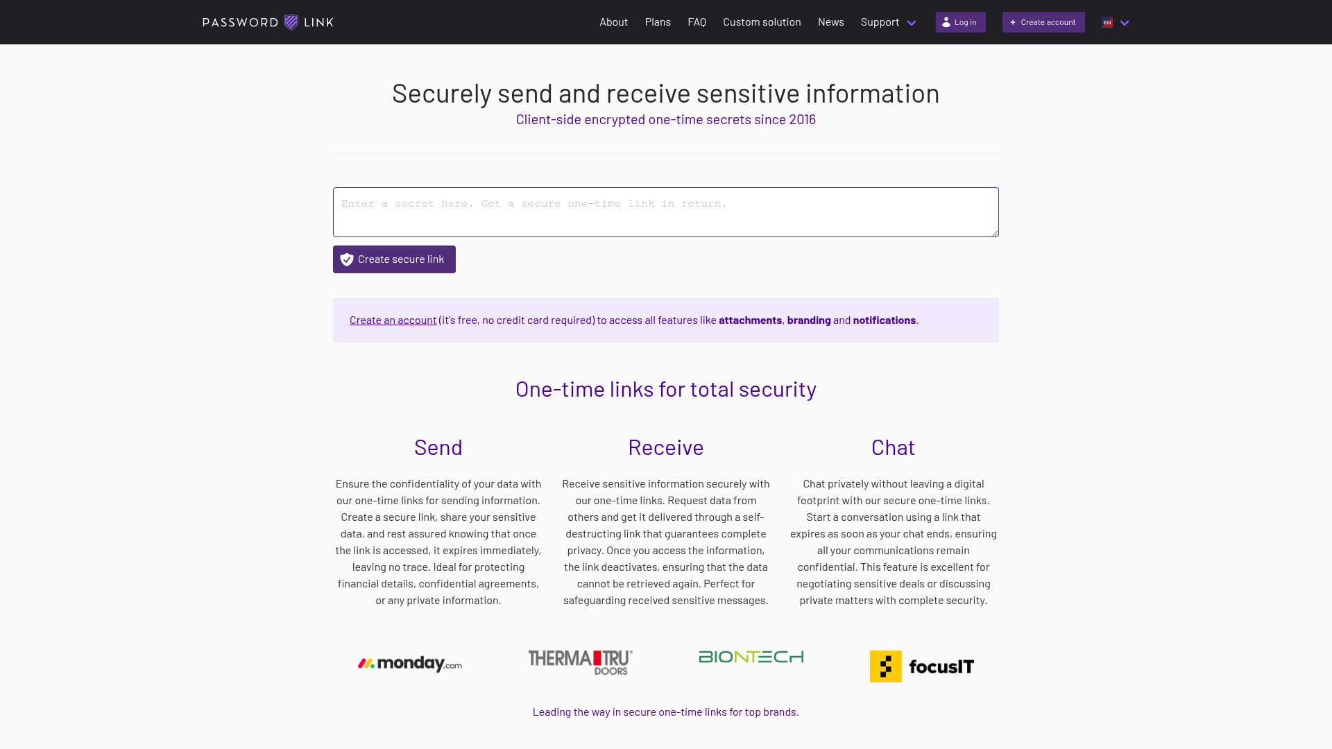 A screenshot of Password.link's landing page.