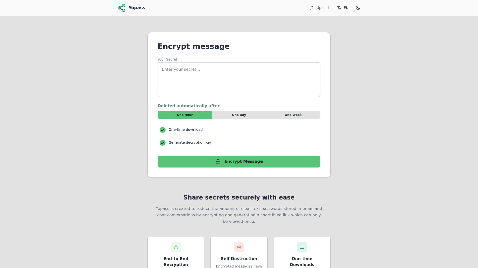 A screenshot of Yopass's landing page.