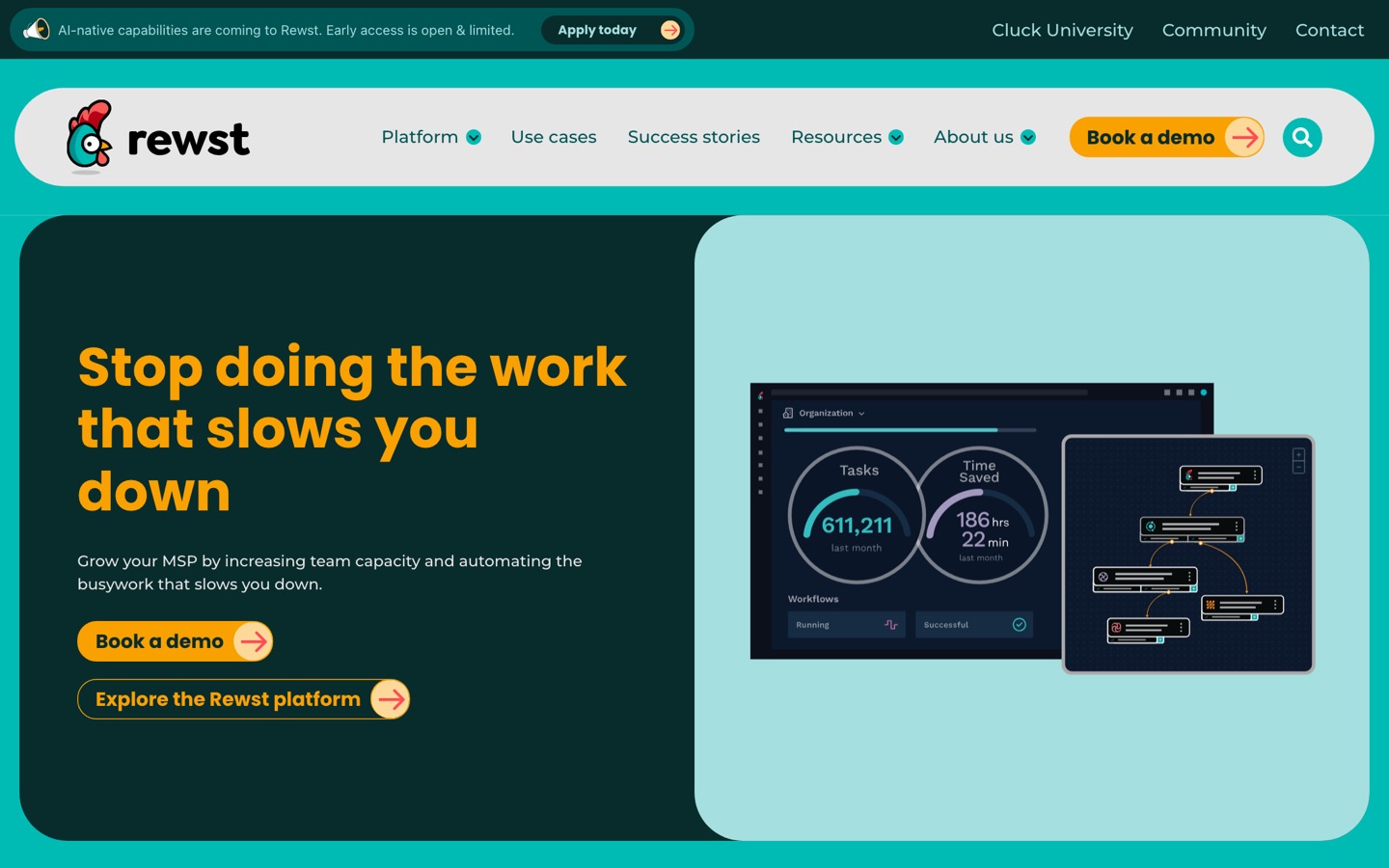 Rewst product homepage, August 2026