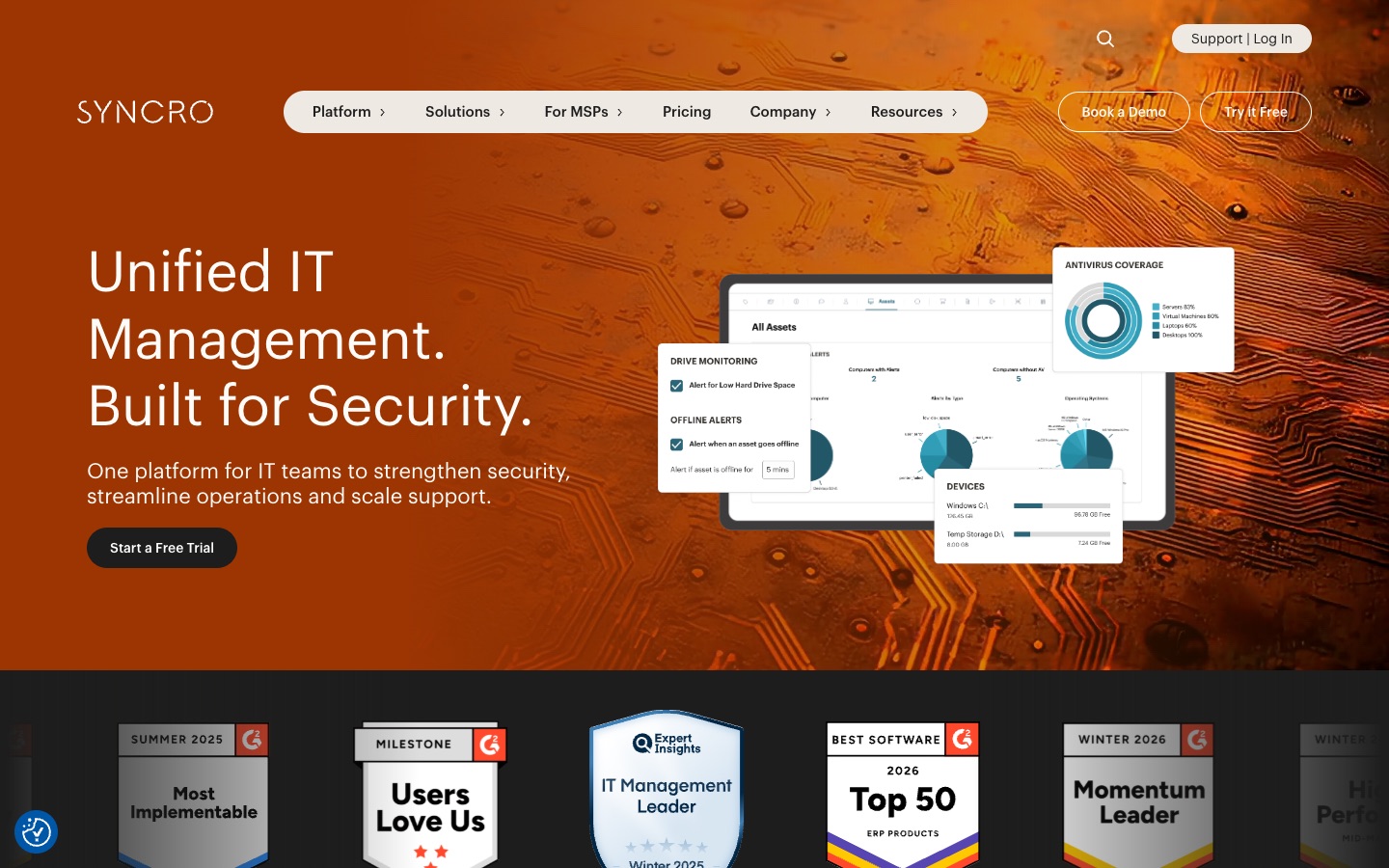 Syncro landing page with all-in-one PSA and RMM features